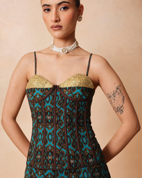 Women Teal & Brown Ikat Print Corset with Palazzo Pants