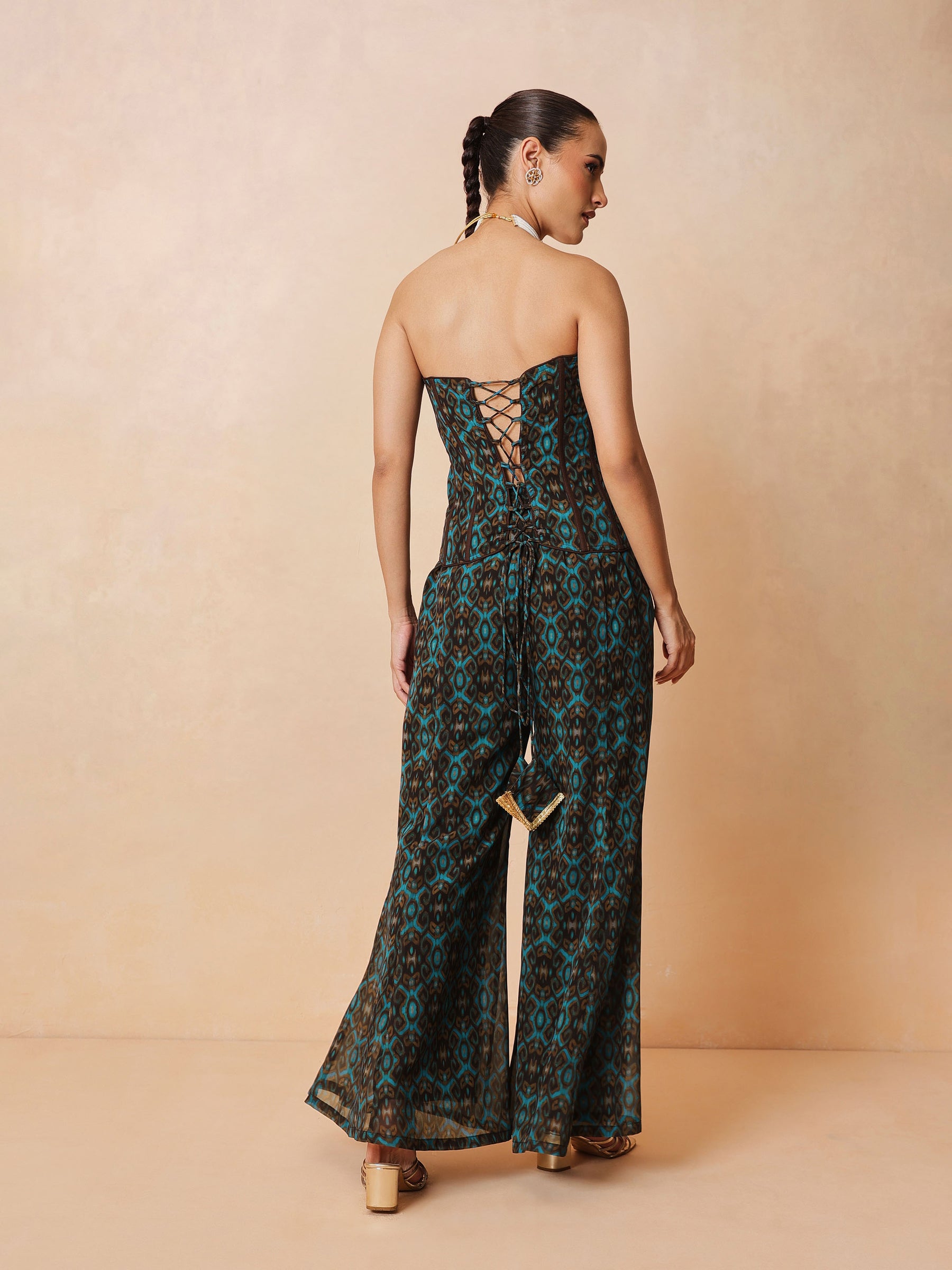 Teal & Brown Ikat Print Corset with Palazzo Pants-Shae by SASSAFRAS