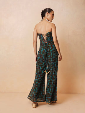 Teal & Brown Ikat Print Corset with Palazzo Pants-Shae by SASSAFRAS