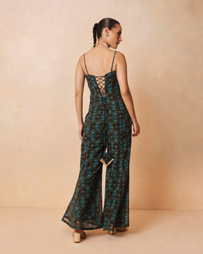 Women Teal & Brown Ikat Print Corset with Palazzo Pants