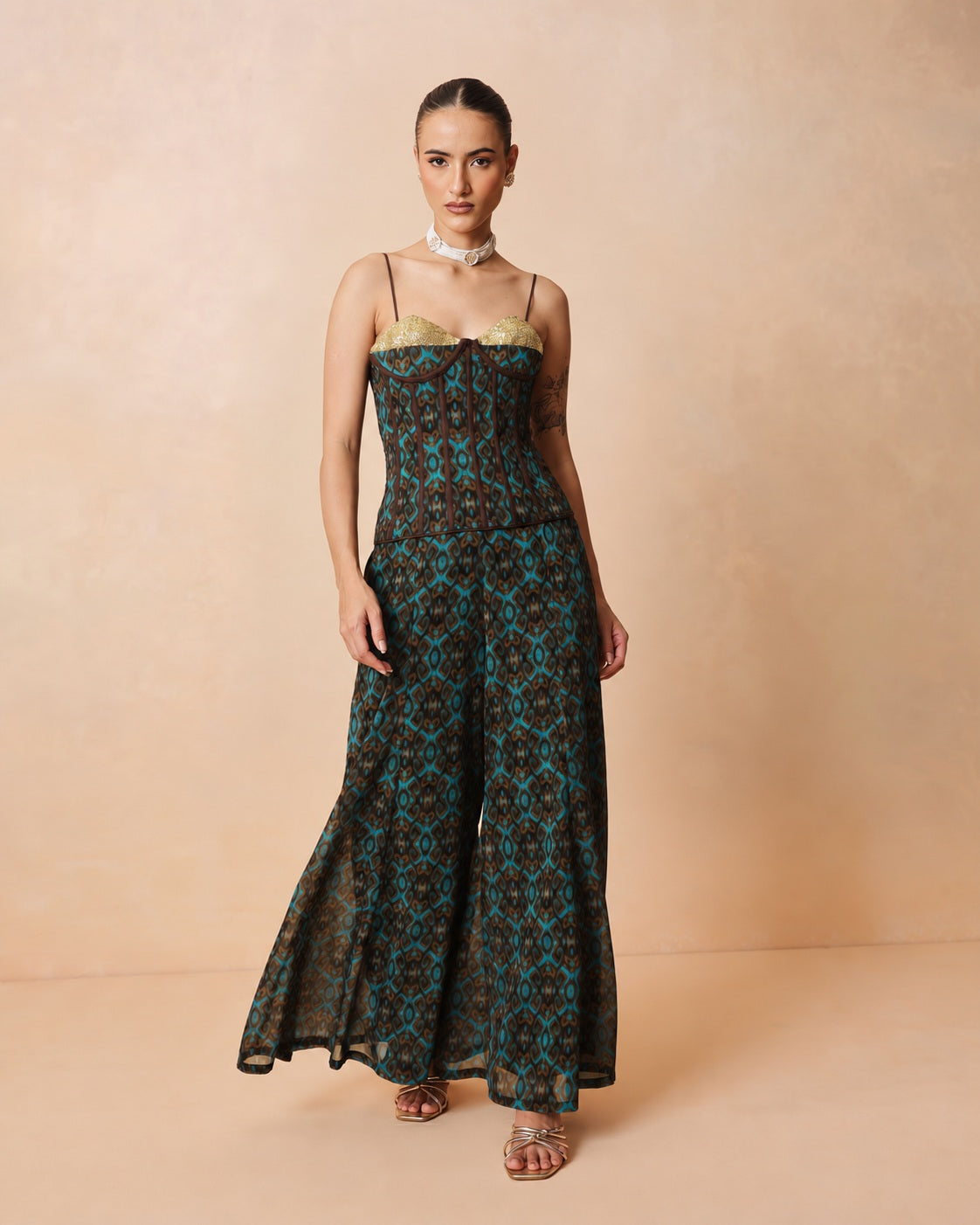 Women Teal & Brown Ikat Print Corset with Palazzo Pants