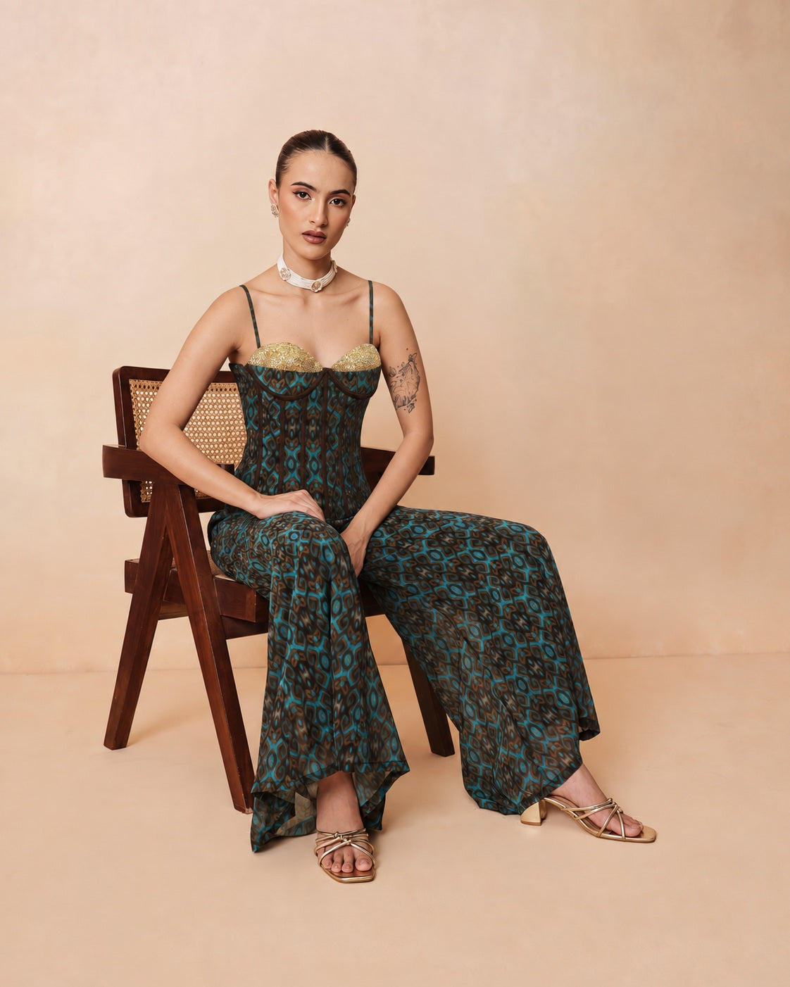 Women Teal & Brown Ikat Print Corset with Palazzo Pants
