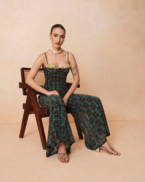 Women Teal & Brown Ikat Print Corset with Palazzo Pants