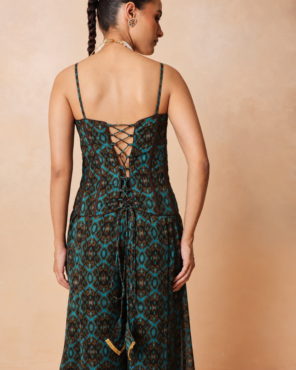 Women Teal & Brown Ikat Print Corset with Palazzo Pants