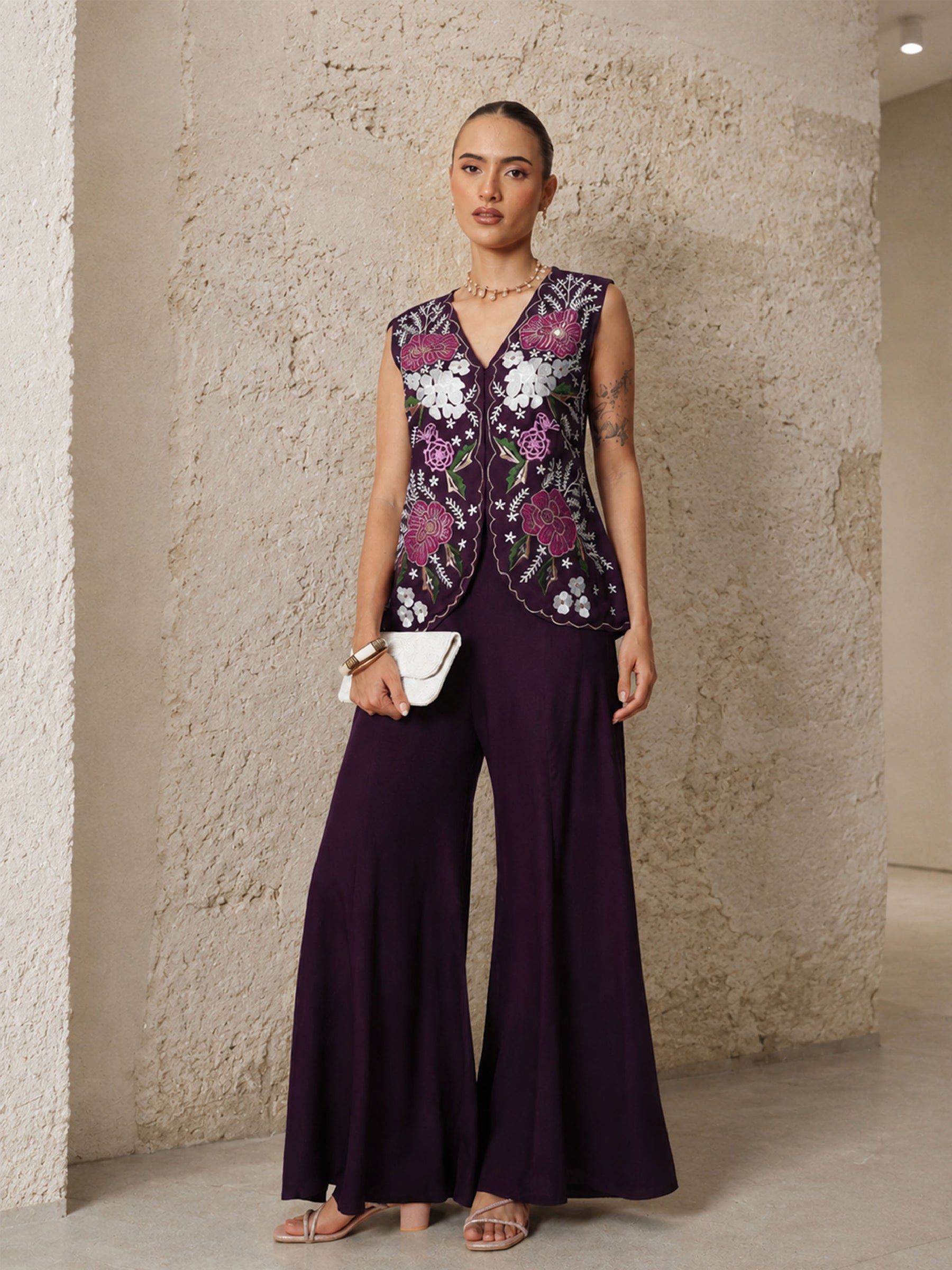 Purple Embroidered Top With Palazzo Pants -Shae by SASSAFRAS