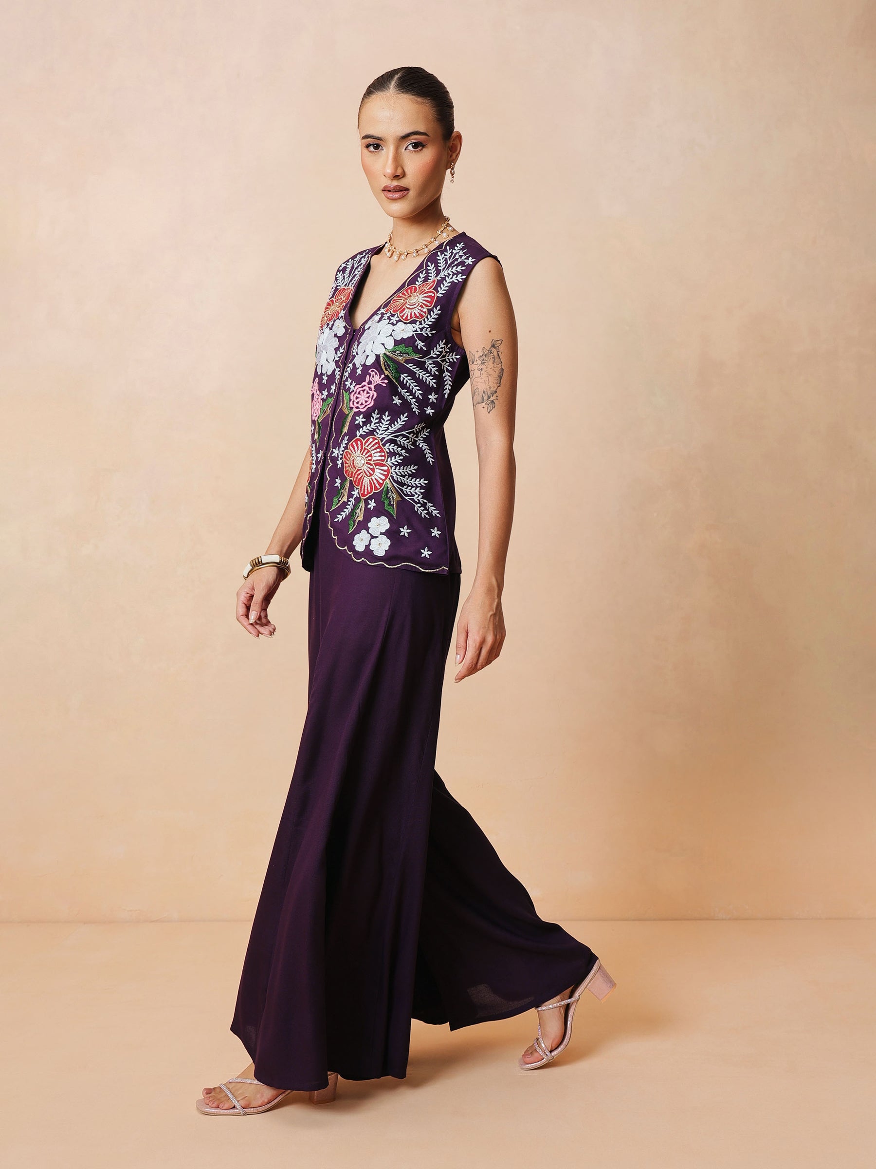 Purple Embroidered Top With Palazzo Pants -Shae by SASSAFRAS