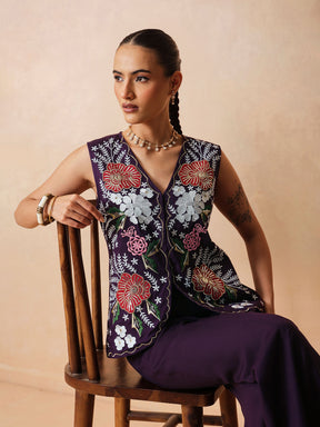Women Purple Embroidered Top With Palazzo Pants