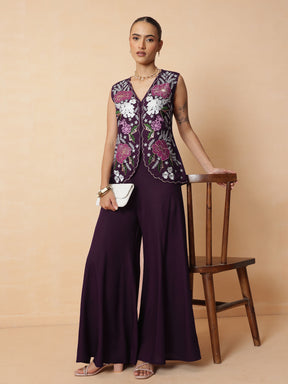 Women Purple Embroidered Top With Palazzo Pants