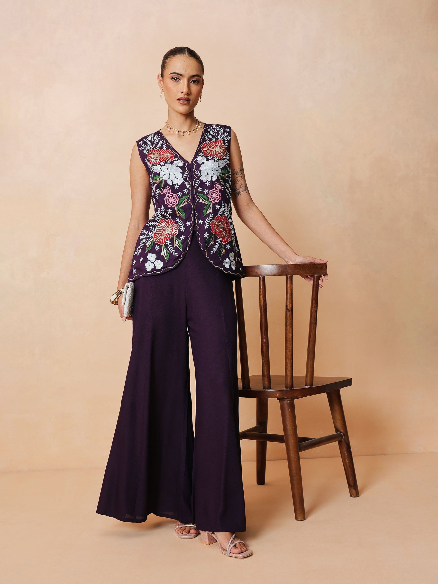Women Purple Embroidered Top With Palazzo Pants