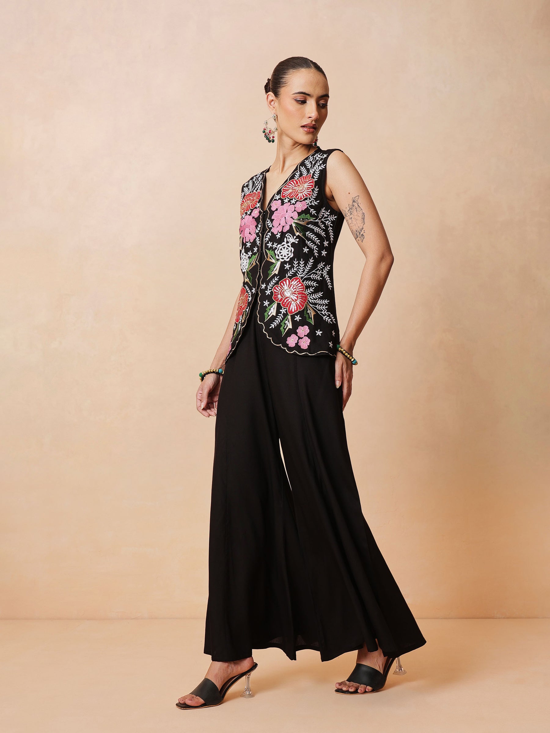 Black Embroidered Top With Palazzo Pants -Shae by SASSAFRAS