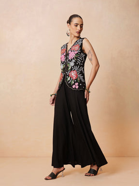 Black Embroidered Top With Palazzo Pants -Shae by SASSAFRAS
