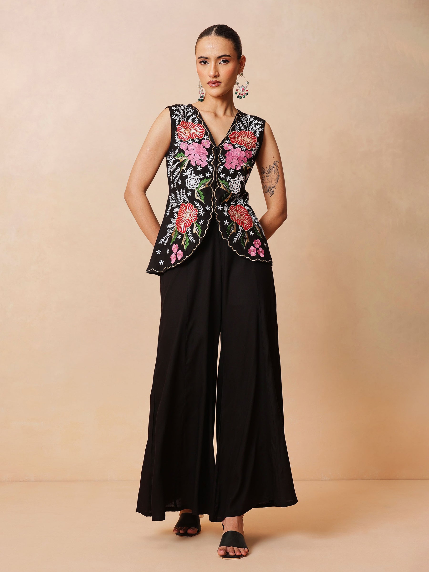 Women Black Embroidered Top With Palazzo Pants