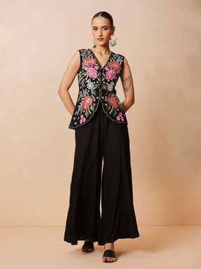 Women Black Embroidered Top With Palazzo Pants