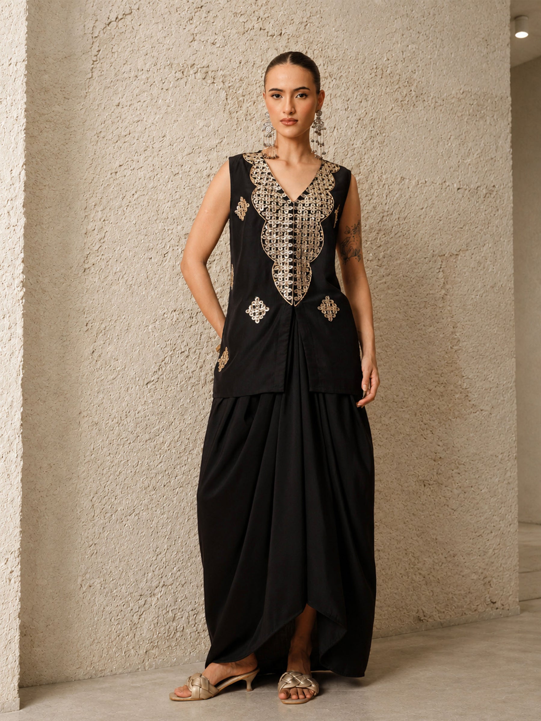 Black Embroidered Sleeveless Top With Dhoti Skirt -Shae by SASSAFRAS