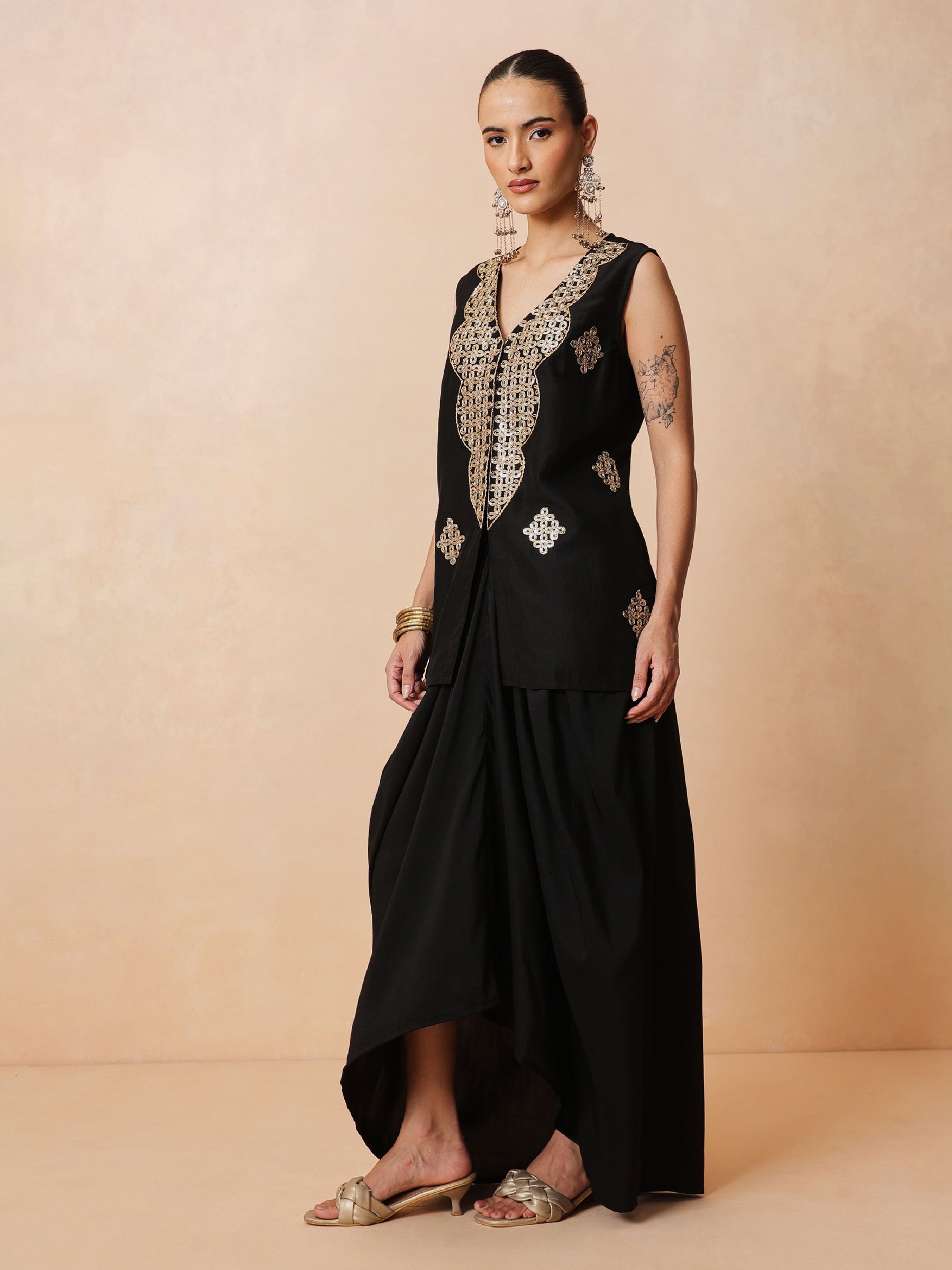 Black Embroidered Sleeveless Top With Dhoti Skirt -Shae by SASSAFRAS