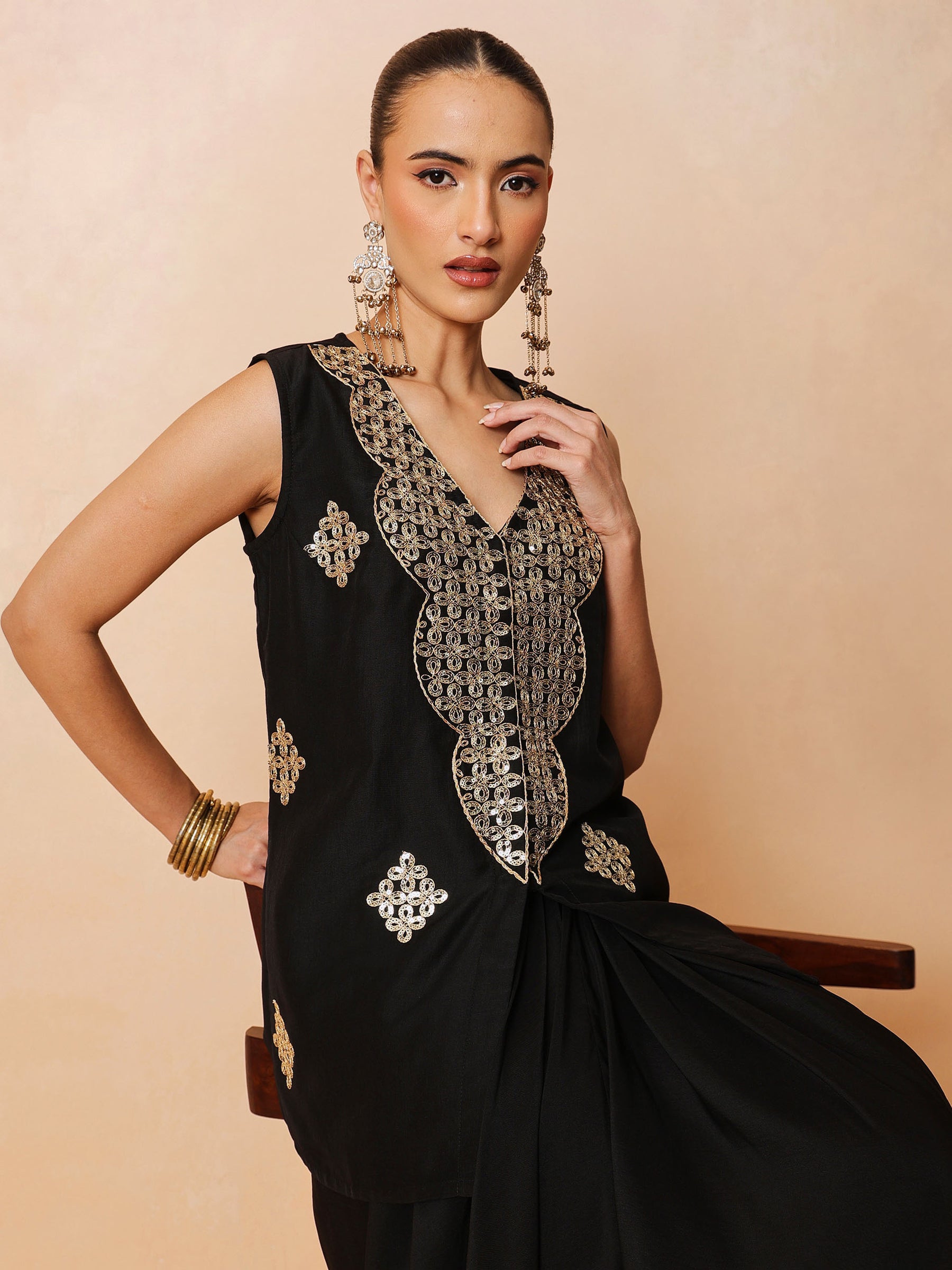 Black Embroidered Sleeveless Top With Dhoti Skirt -Shae by SASSAFRAS