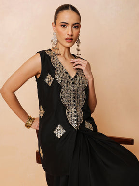 Black Embroidered Sleeveless Top With Dhoti Skirt -Shae by SASSAFRAS