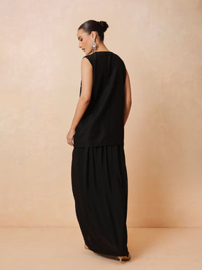 Black Embroidered Sleeveless Top With Dhoti Skirt -Shae by SASSAFRAS