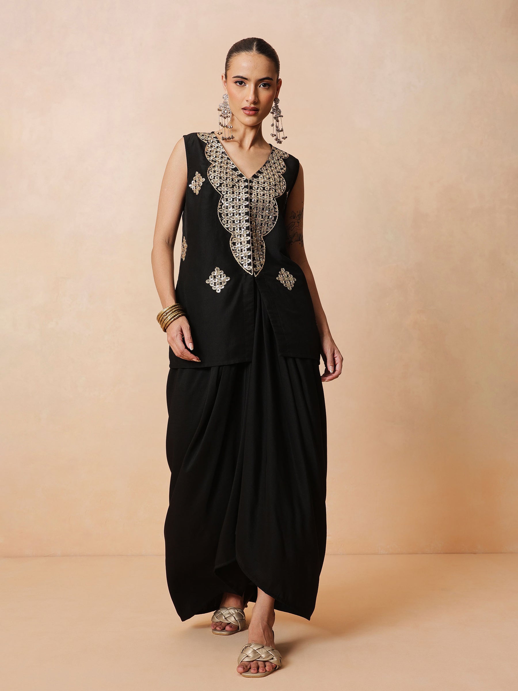 Women Black Embroidered Sleeveless Top With Dhoti Skirt