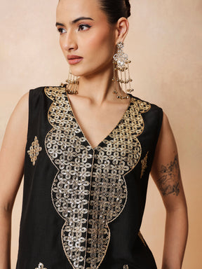 Women Black Embroidered Sleeveless Top With Dhoti Skirt