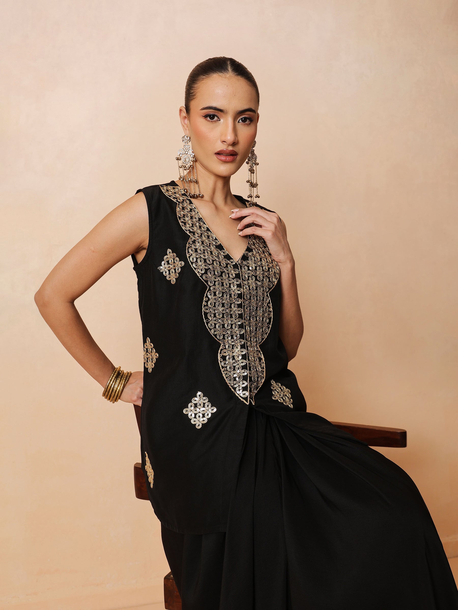 Women Black Embroidered Sleeveless Top With Dhoti Skirt