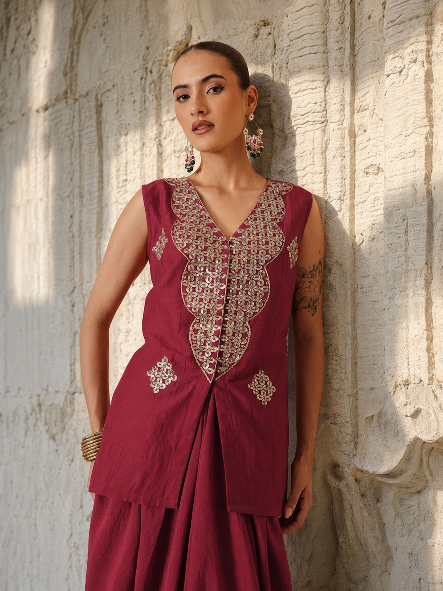 Maroon Embroidered Sleeveless Top With Dhoti Skirt -Shae by SASSAFRAS