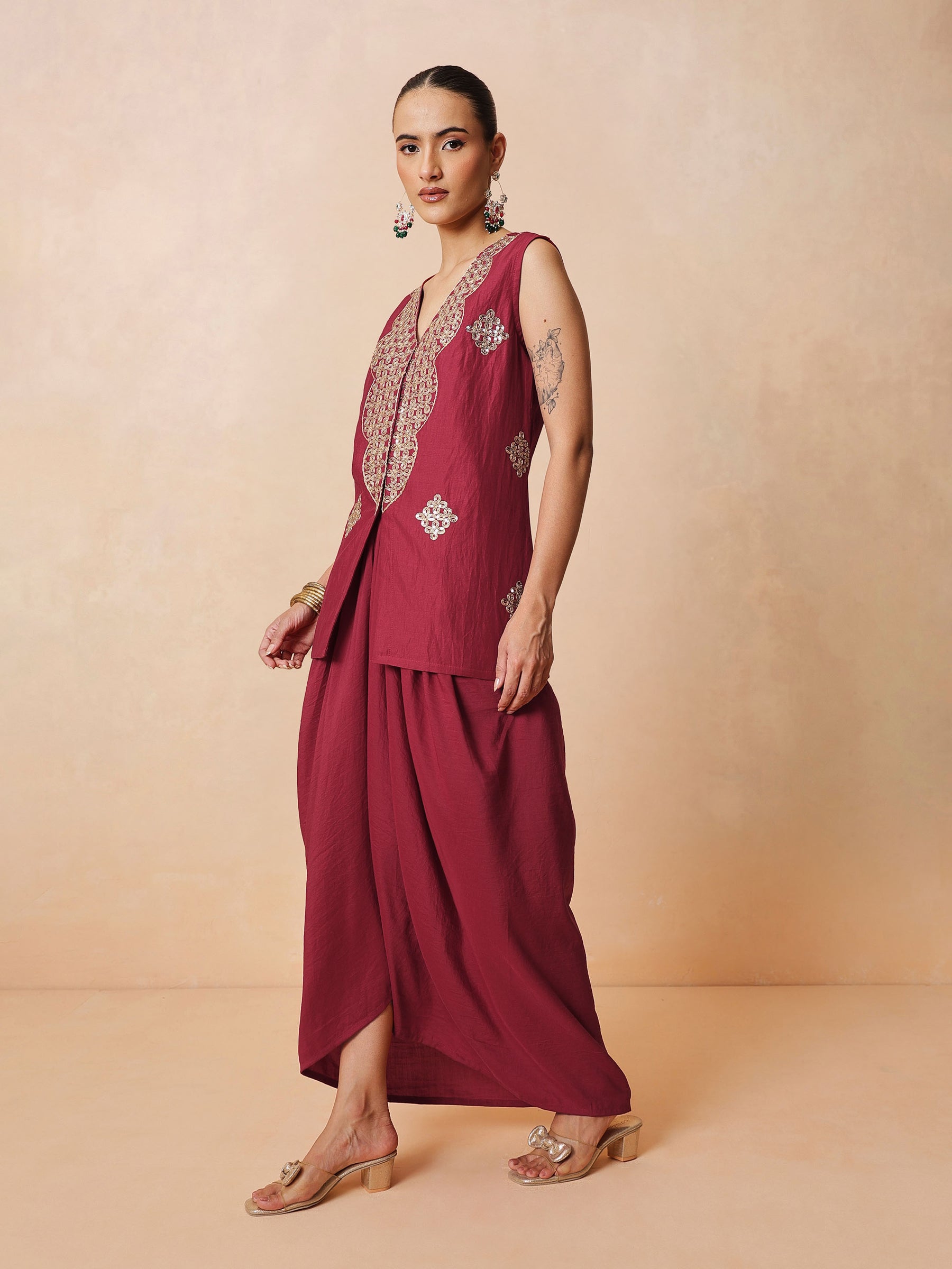 Maroon Embroidered Sleeveless Top With Dhoti Skirt -Shae by SASSAFRAS