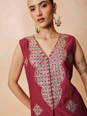 Maroon Embroidered Sleeveless Top With Dhoti Skirt -Shae by SASSAFRAS