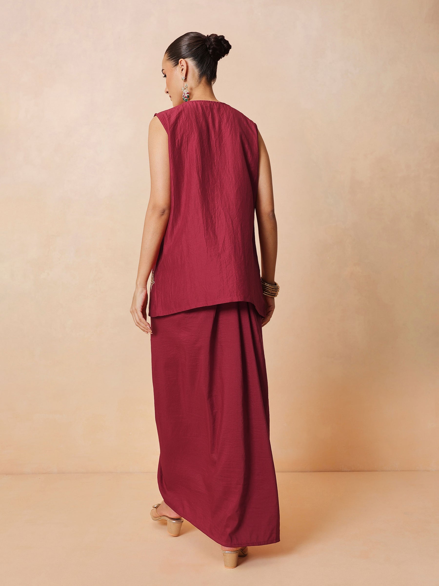 Maroon Embroidered Sleeveless Top With Dhoti Skirt -Shae by SASSAFRAS