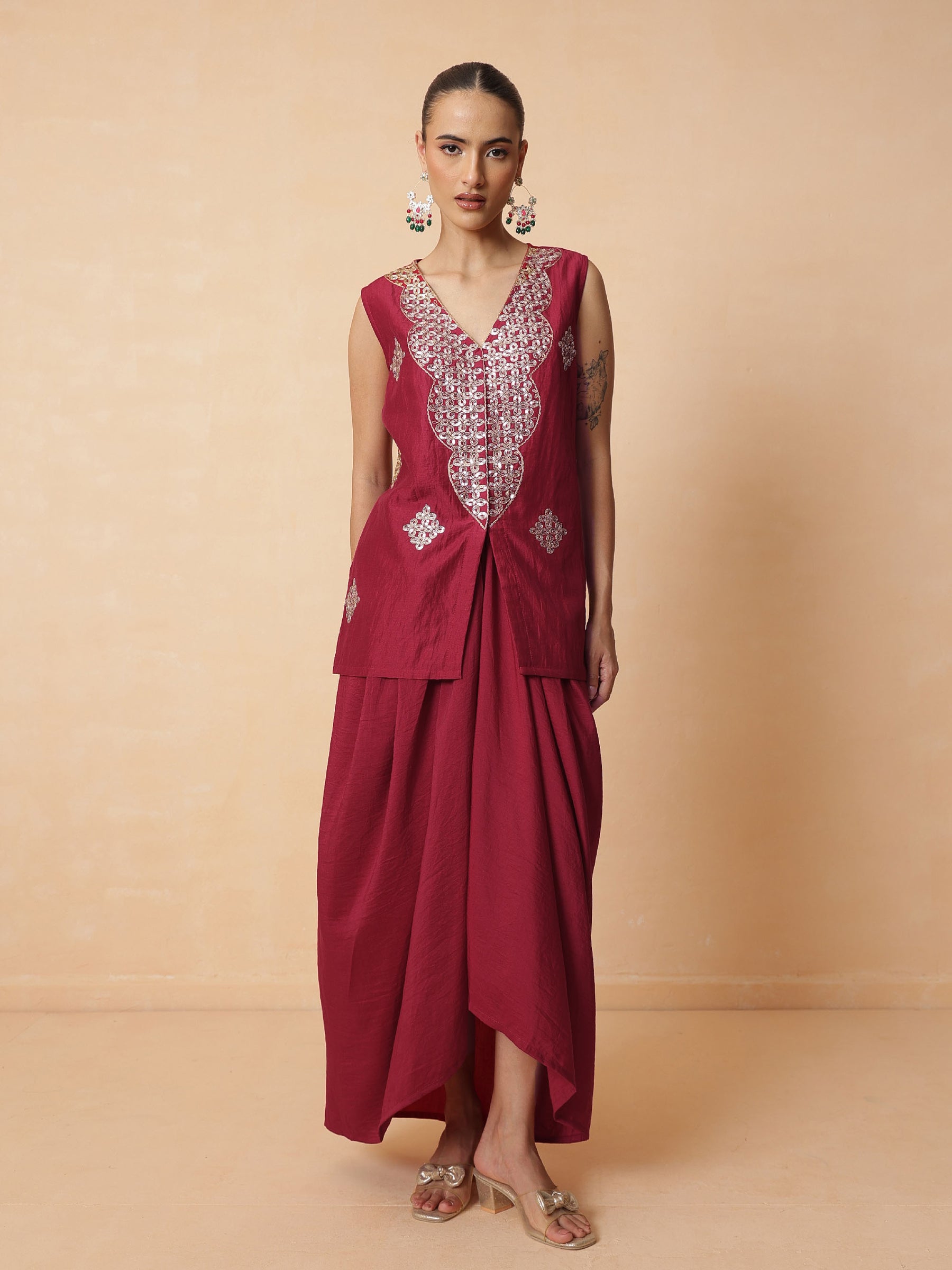 Women Maroon Embroidered Sleeveless Top With Dhoti Skirt