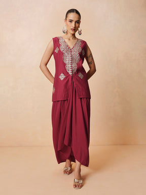 Women Maroon Embroidered Sleeveless Top With Dhoti Skirt