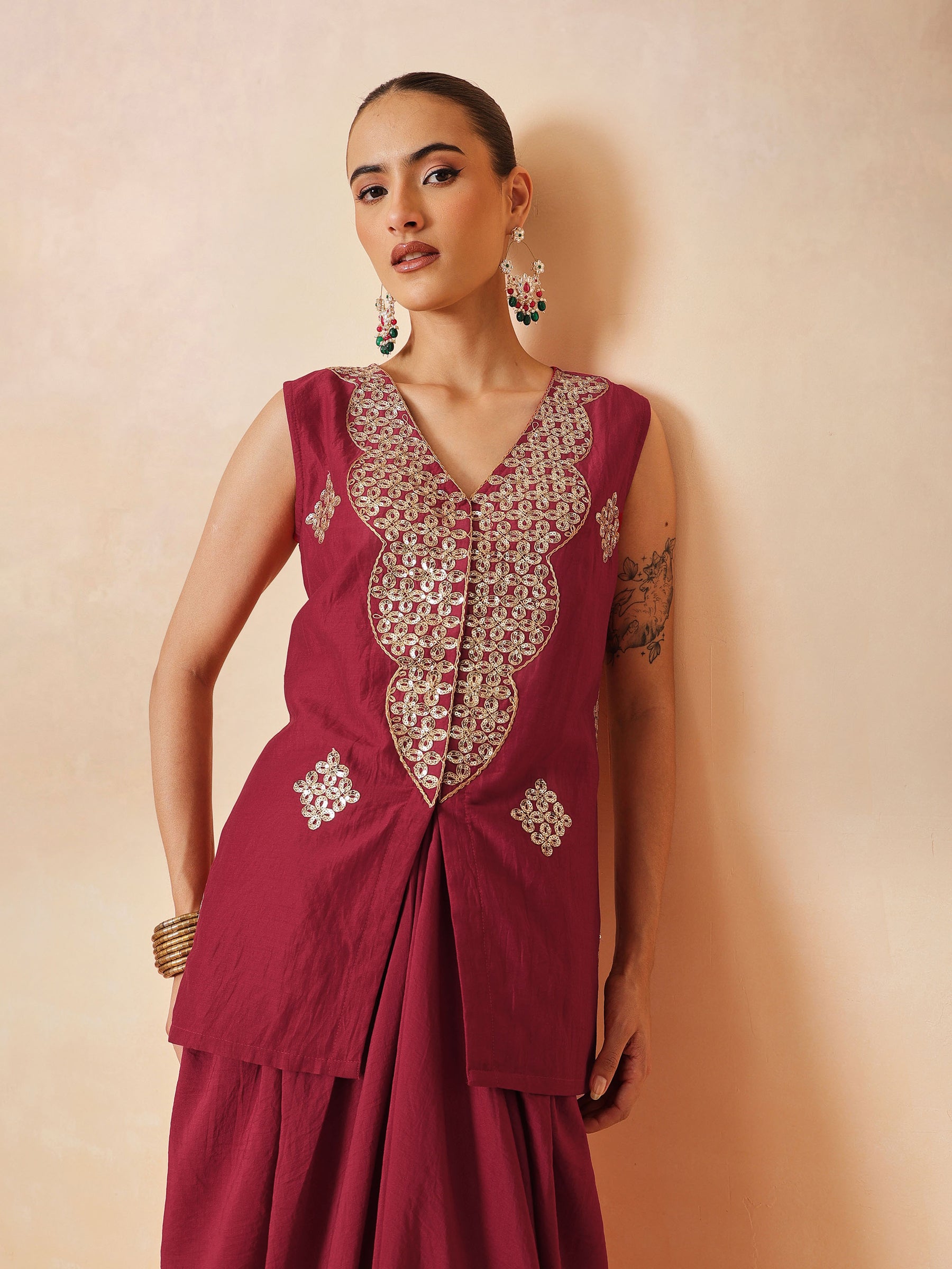 Women Maroon Embroidered Sleeveless Top With Dhoti Skirt