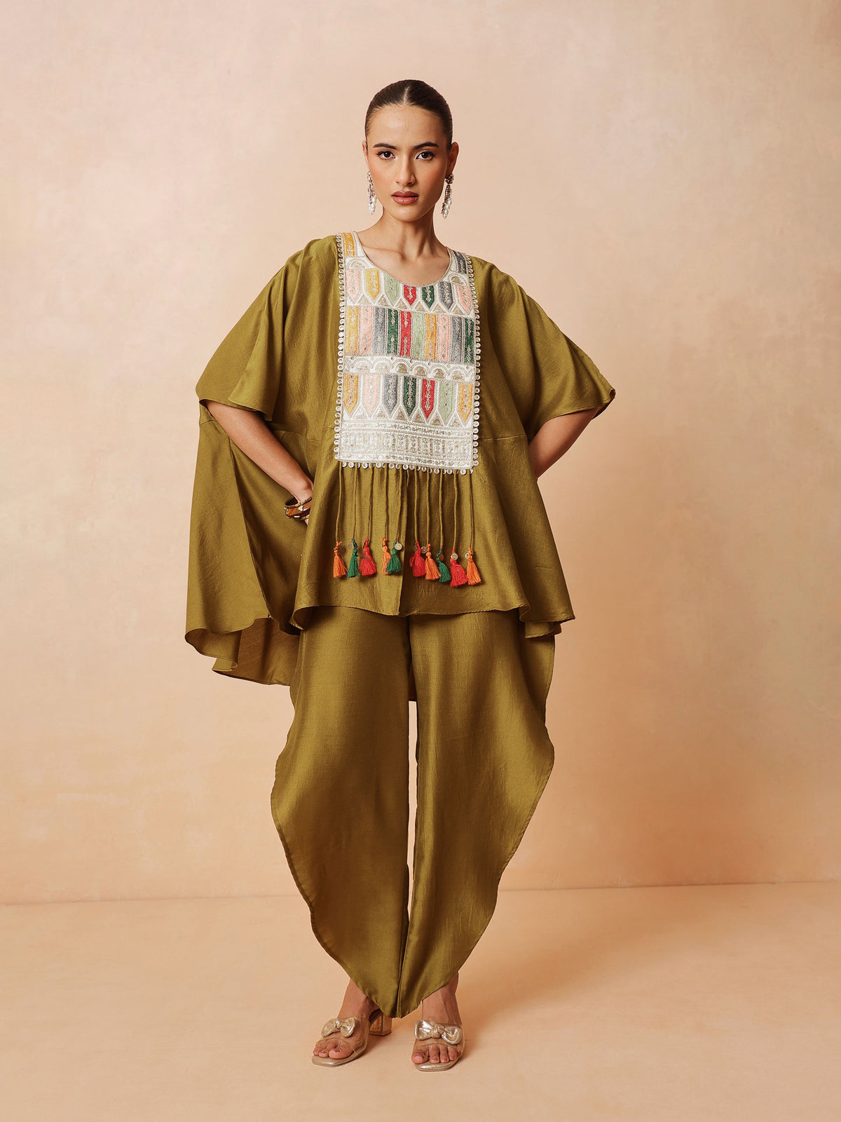 Mustard Embroidered Patch Kaftan With Tulip Pants -Luxe - Shae by SASSAFRAS