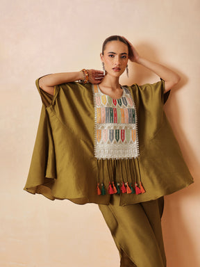 Mustard Embroidered Patch Kaftan With Tulip Pants -Luxe - Shae by SASSAFRAS