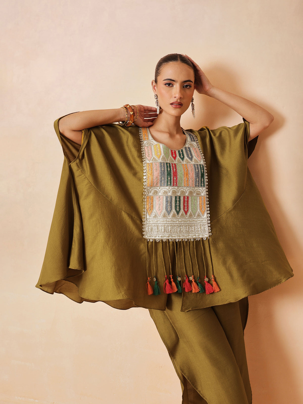 Women Mustard Embroidered Patch Kaftan With Tulip Pants