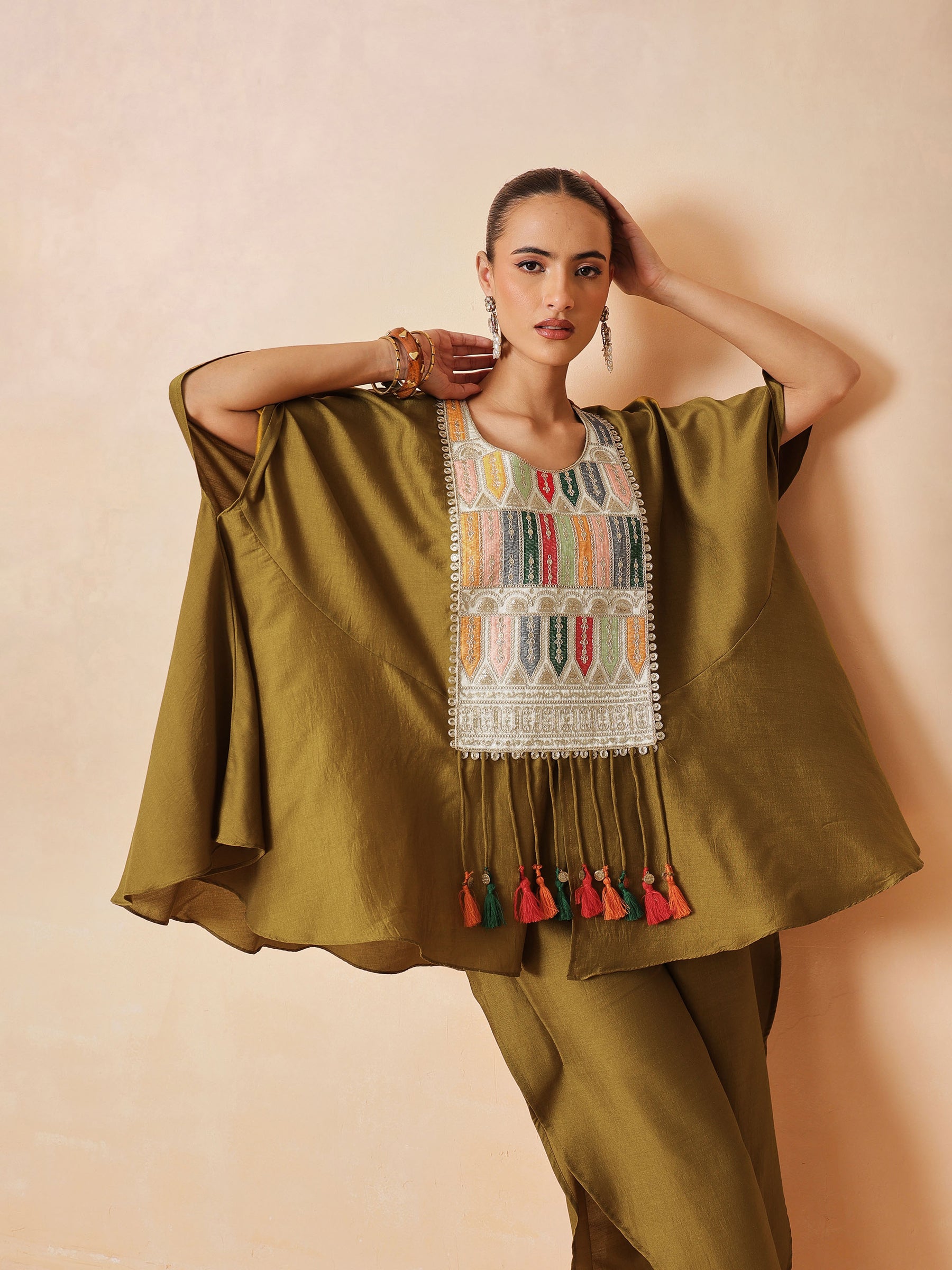 Women Mustard Embroidered Patch Kaftan With Tulip Pants