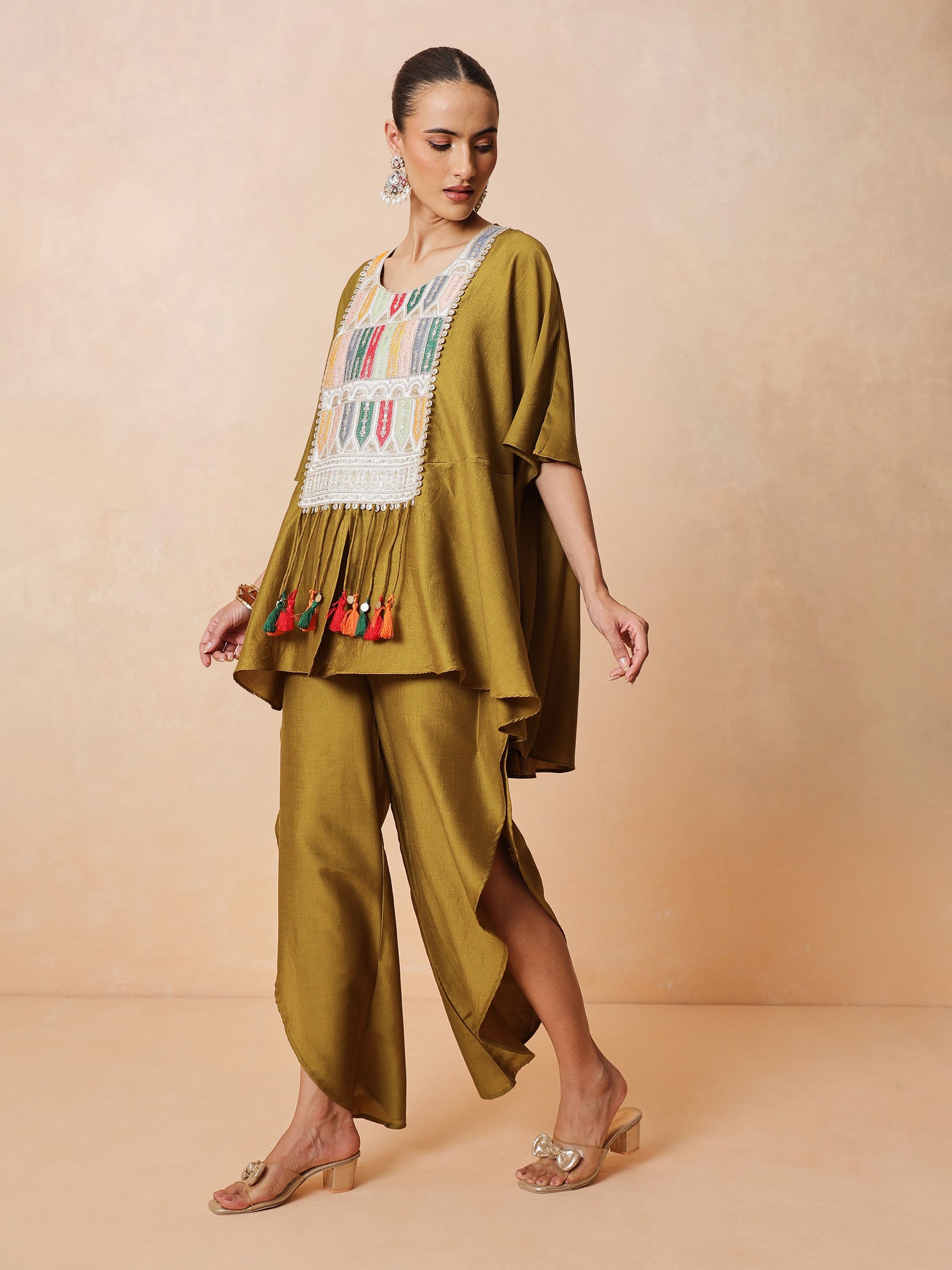 Mustard Embroidered Patch Kaftan With Tulip Pants -Luxe - Shae by SASSAFRAS