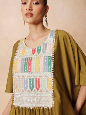 Mustard Embroidered Patch Kaftan With Tulip Pants -Luxe - Shae by SASSAFRAS