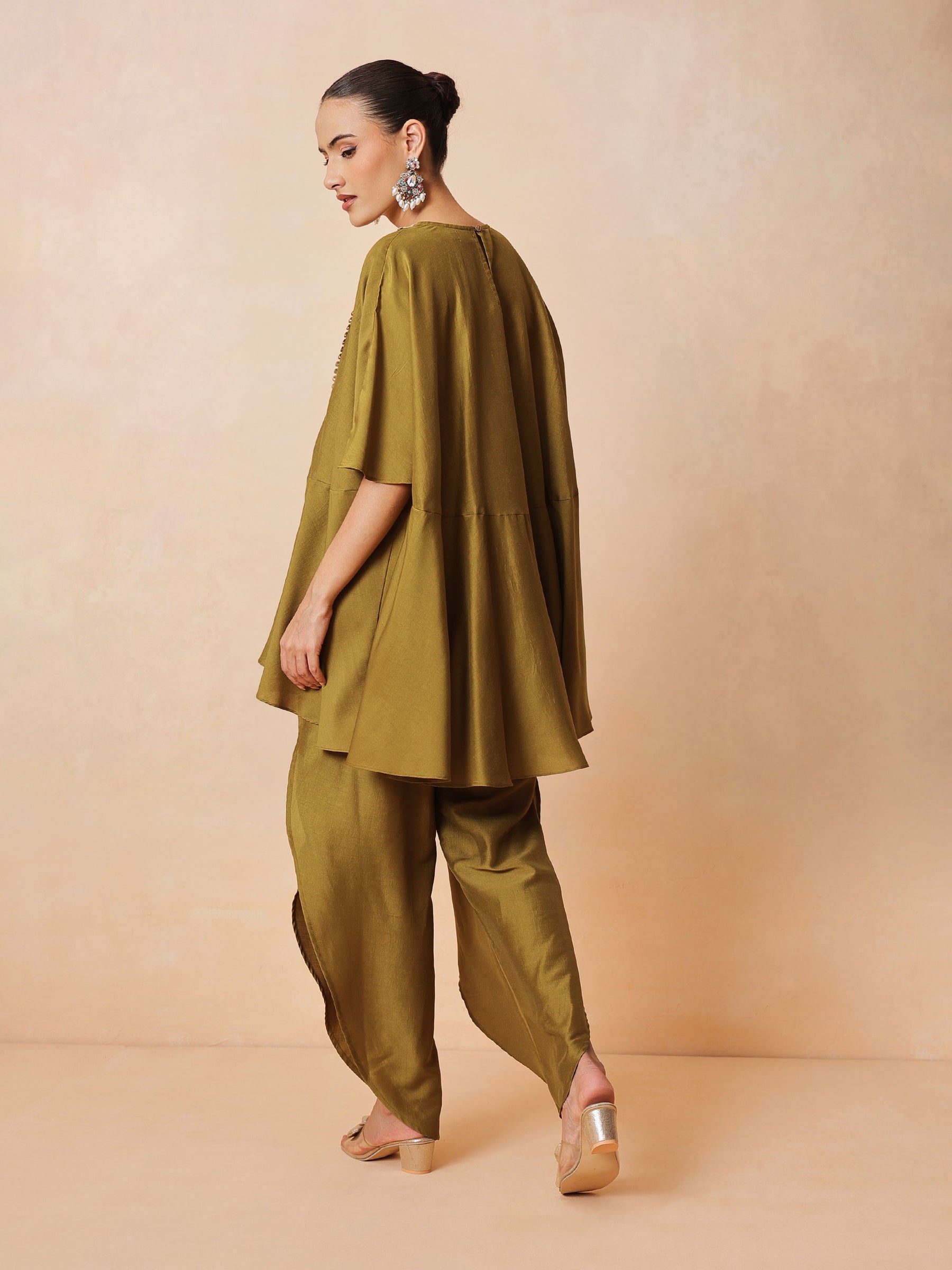 Women Mustard Embroidered Patch Kaftan With Tulip Pants