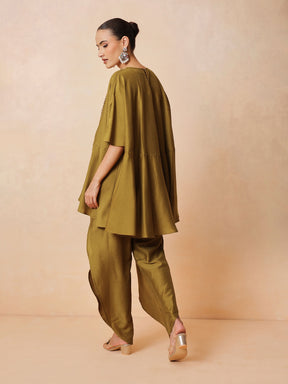 Women Mustard Embroidered Patch Kaftan With Tulip Pants