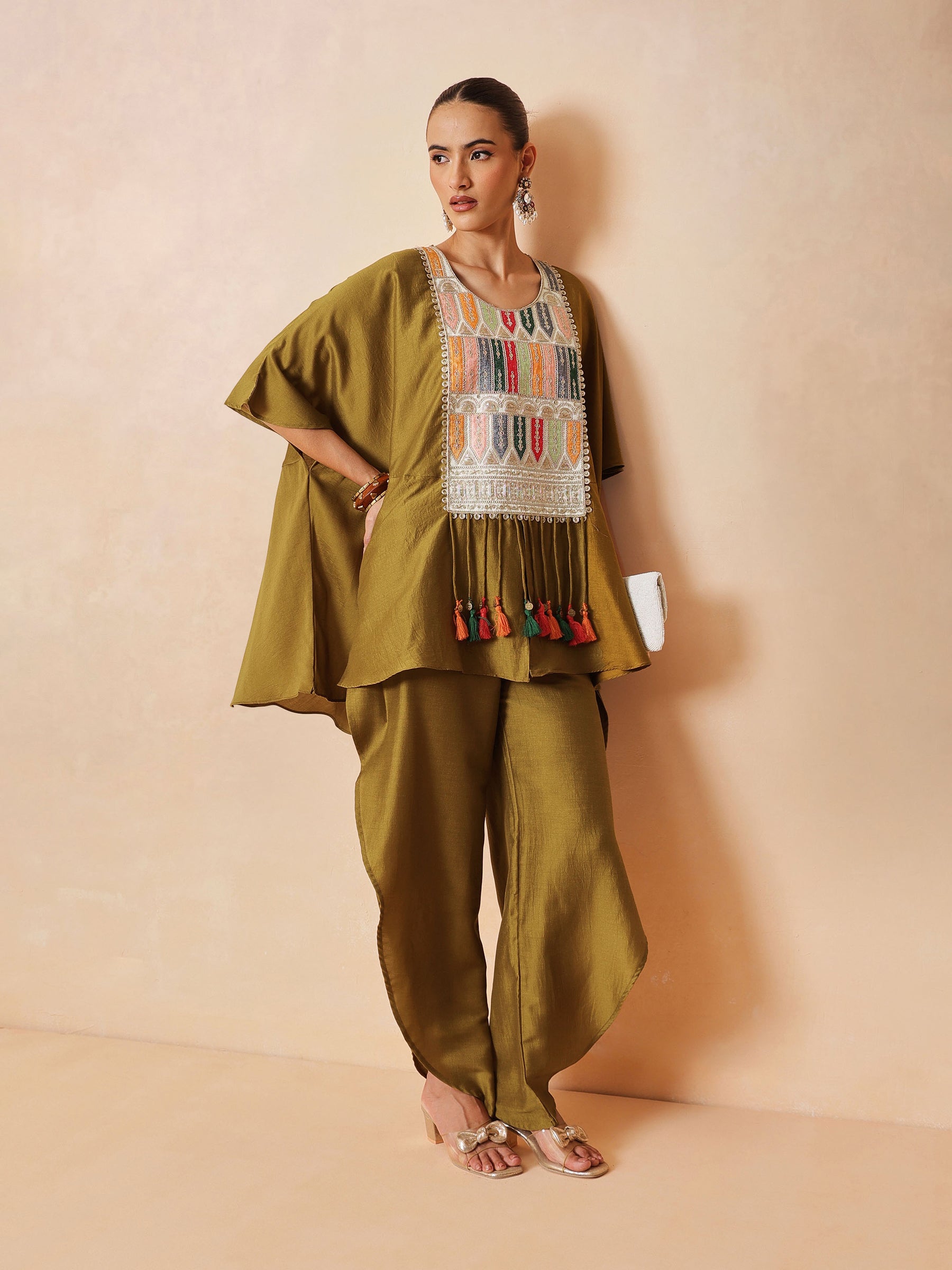 Women Mustard Embroidered Patch Kaftan With Tulip Pants