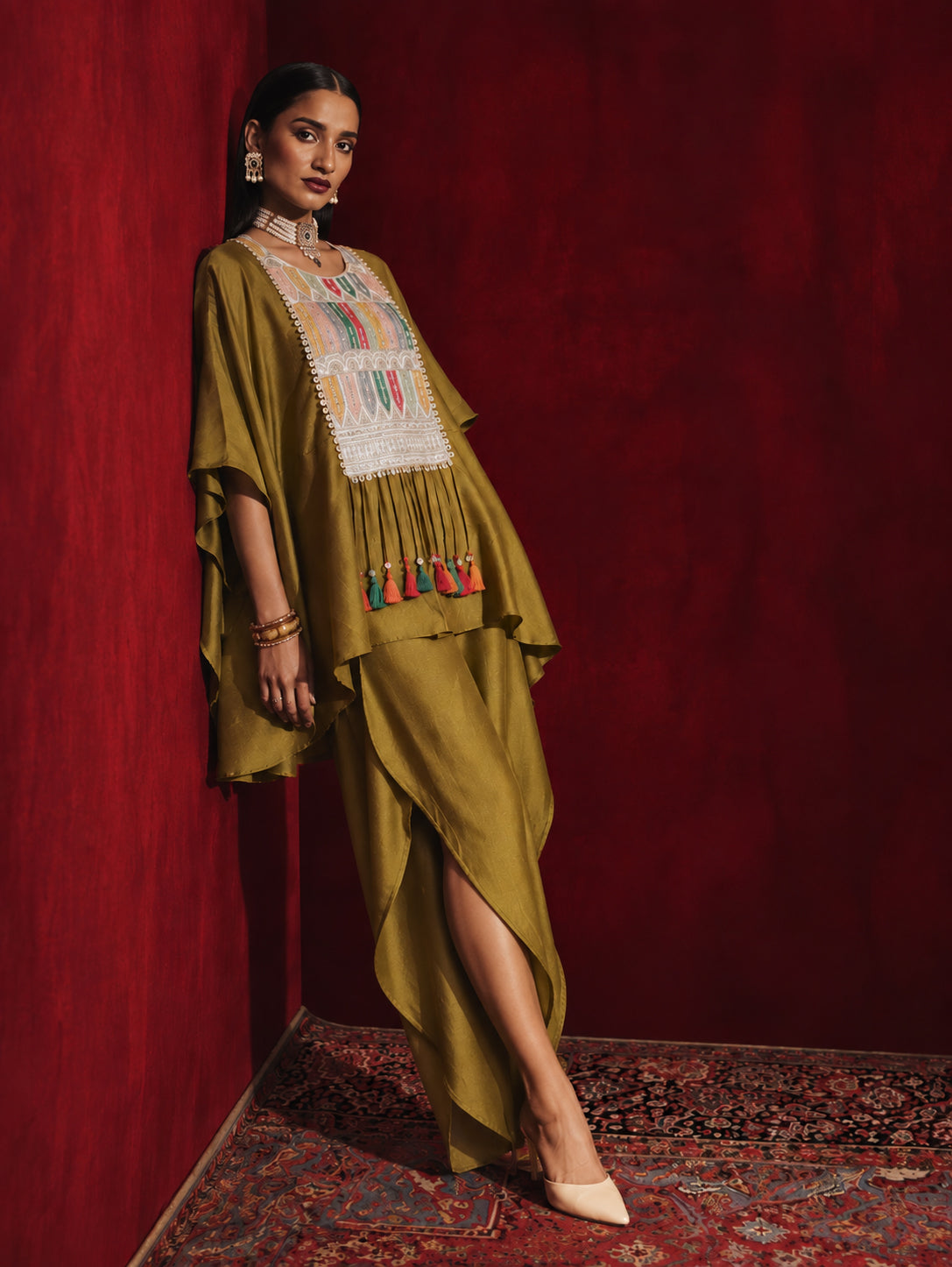 Mustard Embroidered Patch Kaftan With Tulip Pants -Shae by SASSAFRAS