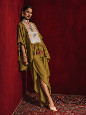Mustard Embroidered Patch Kaftan With Tulip Pants -Shae by SASSAFRAS