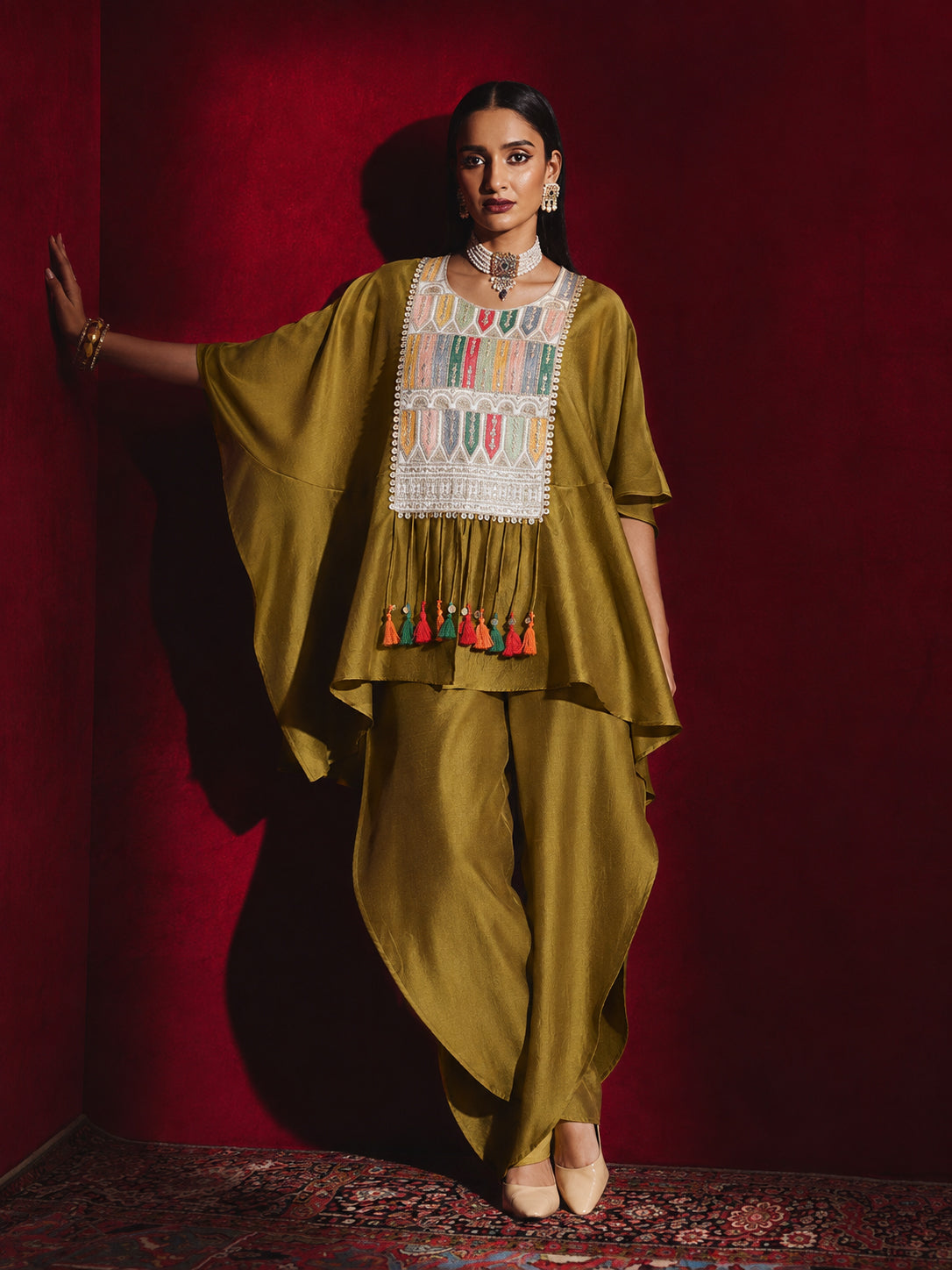 Mustard Embroidered Patch Kaftan With Tulip Pants -Shae by SASSAFRAS