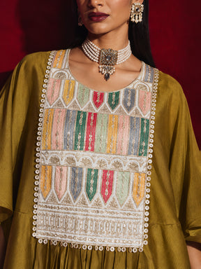 Mustard Embroidered Patch Kaftan With Tulip Pants -Shae by SASSAFRAS