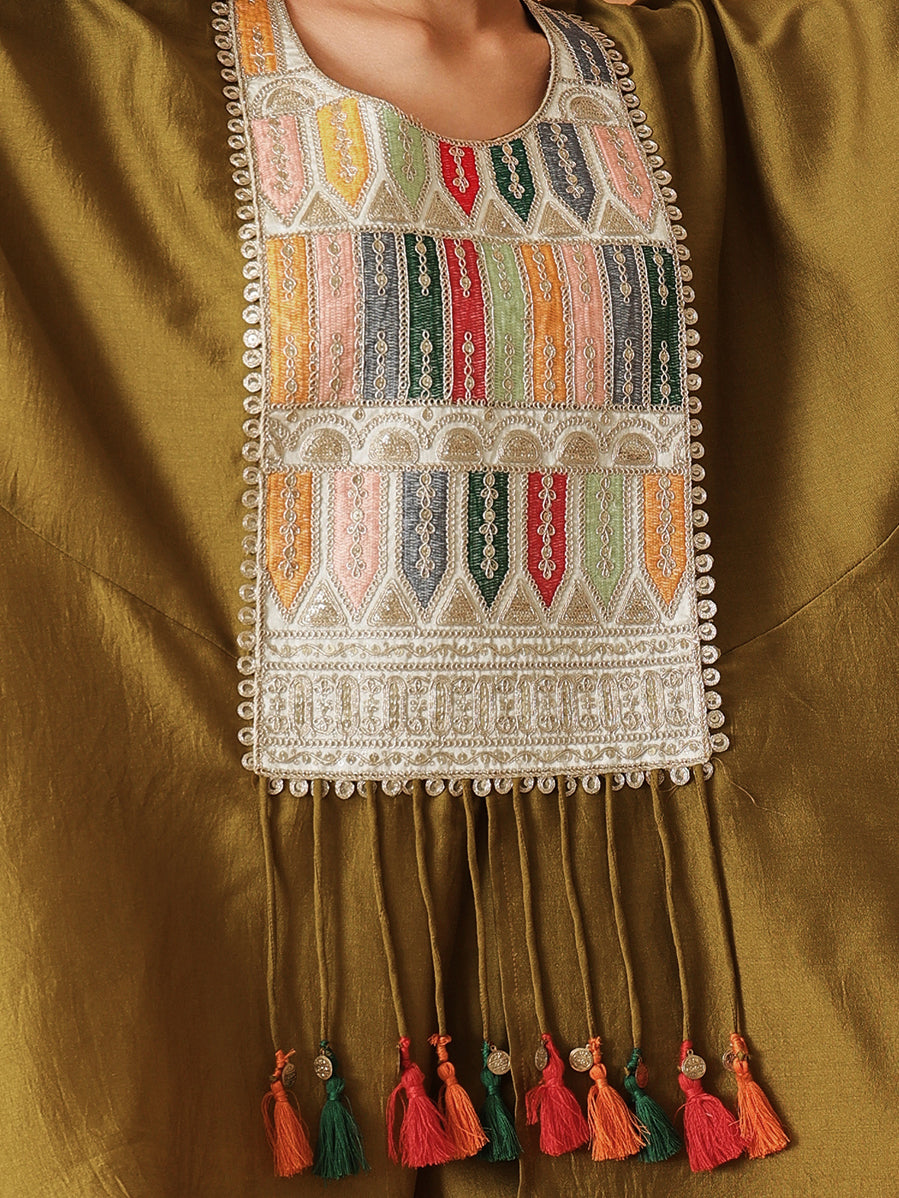 Mustard Embroidered Patch Kaftan With Tulip Pants -Shae by SASSAFRAS
