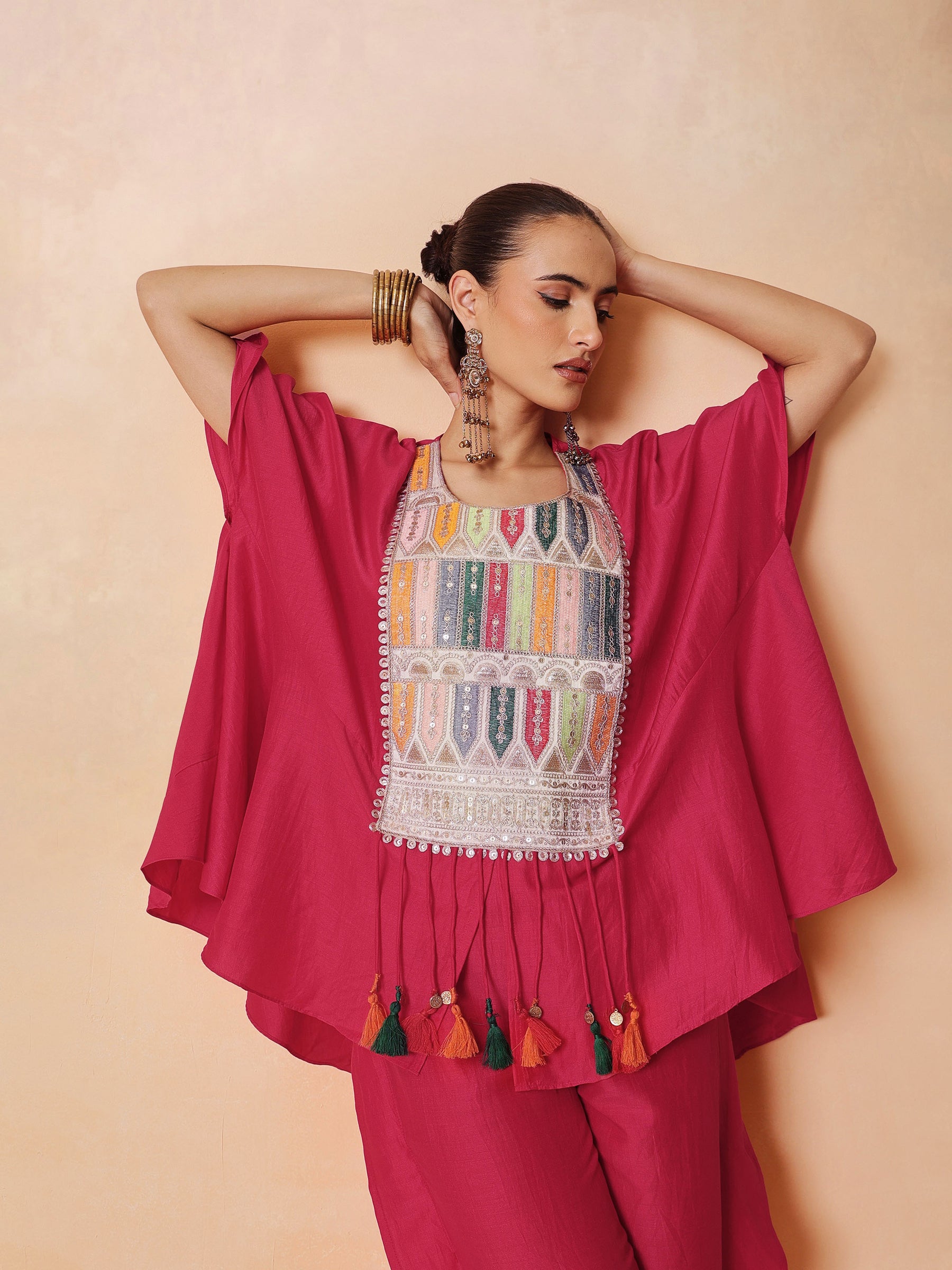 Women Fuchsia Embroidered Patch Kaftan With Tulip Pants