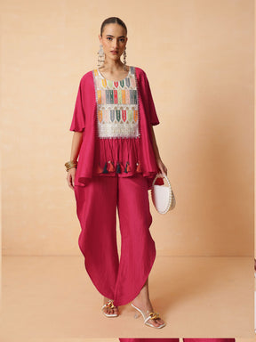 Women Fuchsia Embroidered Patch Kaftan With Tulip Pants