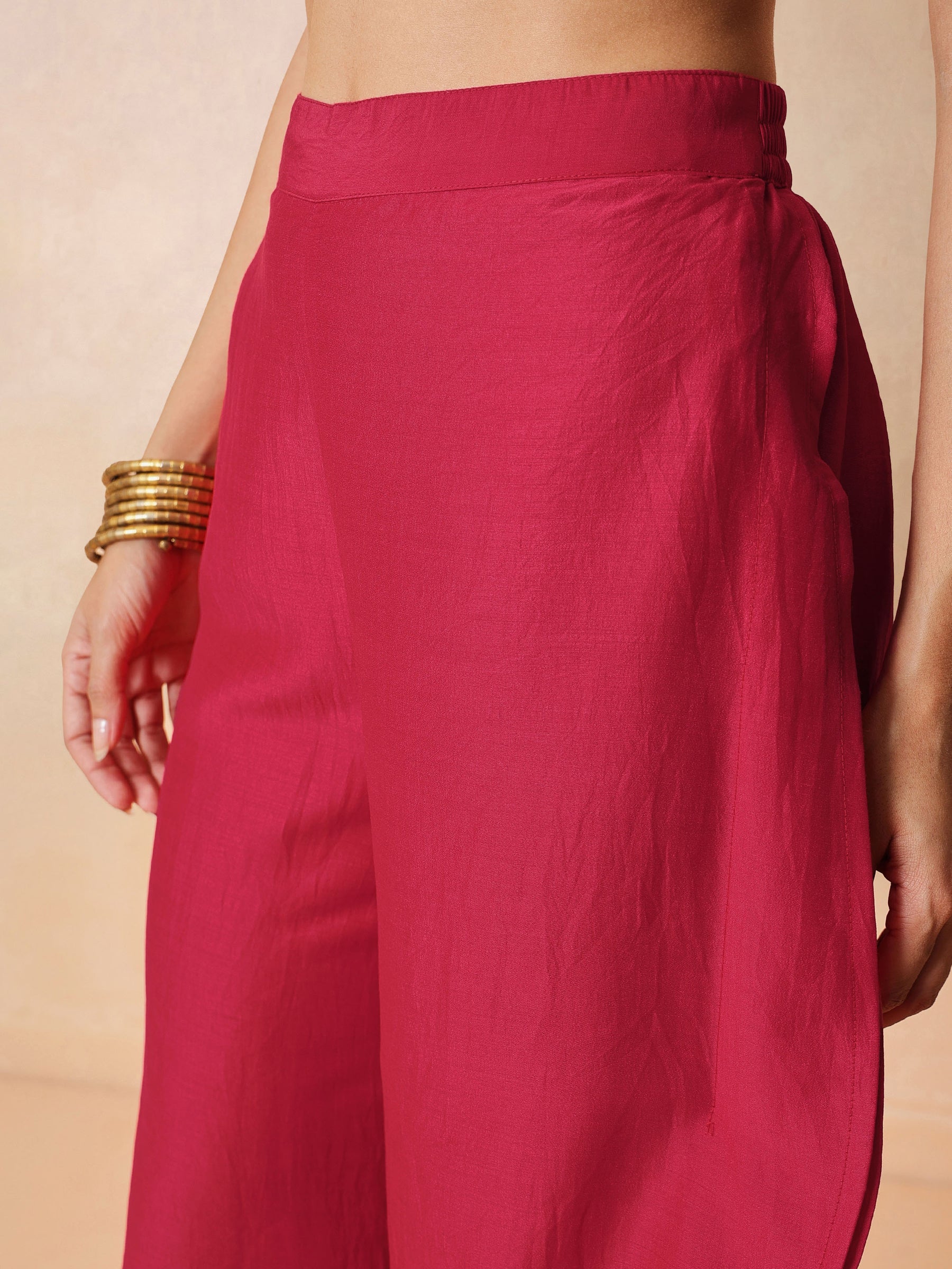 Women Fuchsia Embroidered Patch Kaftan With Tulip Pants