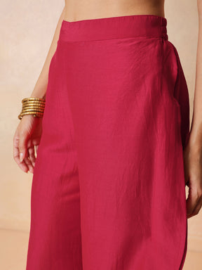 Women Fuchsia Embroidered Patch Kaftan With Tulip Pants
